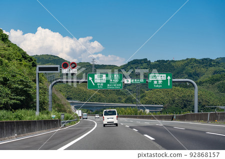 Shizuoka Prefecture A car driving at the Shin-Shimizu Junction on the Shin-Tomei Expressway Shizuoka Prefecture A car driving at the Shin-Shimizu Junction on the Shin-Tomei Expressway 92868157