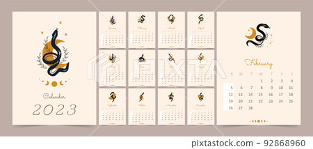 Calendar 2023 with boho snakes. Week starting on sunday. Magic vipers with moon and stars. Mystical symbol in a trendy minimalist style. Flat minimal desk or wall picture design. Vector template Calendar 2023 with boho snakes. Week starting on sunday. Magic vipers with moon and stars. Mystical symbol in a trendy minimalist style. Flat minimal desk or wall picture design. Vector template 92868960