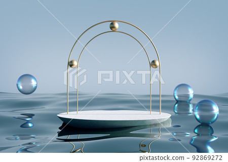 Stone podium with gold arch on blue water glass background. Concept of shop product or cosmetic display stands, skincare and medicine advertisement mock up. High quality 3d render. Stone podium with gold arch on blue water glass background. Concept of shop product or cosmetic display stands, skincare and medicine advertisement mock up. High quality 3d render. 92869272