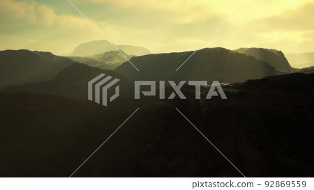 desert landscape of the Pamir Mountains in fog 92869559