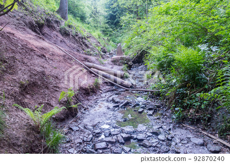 View on tripoint between Slovak, Poland and Czech Republic. Border of three countries. The tripoint of the PL-CZ-SK borders with small stream. 92870240