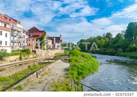 View on Lusatian Neisse, border river between Poland and German. View from Gorlitz in Germany. 92870387