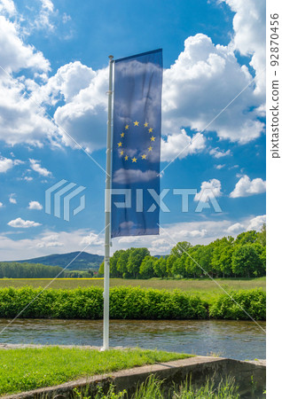 Europe union flag on tripoint of Germany, Czech Republic, and Poland in Sudetes. 92870456