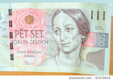 Portrait of Bozena Nemcova on 500 CZK Czech Koruna banknote. Bozena Nemcova was a Czech writer of the final phase of the Czech National Revival movement. Portrait of Bozena Nemcova on 500 CZK Czech Koruna banknote. Bozena Nemcova was a Czech writer of the final phase of the Czech National Revival movement. 92870658
