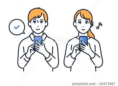 Vector illustration material of young men and women who operate smartphones 92871987