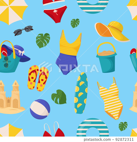 Vector summertime set with summer items palm tree, swimsuit, beach