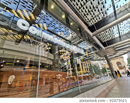 Reflection window of Commonwealth Bank of Australia (CBA) flagship headquarters office in Brisbane Central Business District on Queen Street. Reflection window of Commonwealth Bank of Australia (CBA) flagship headquarters office in Brisbane Central Business District on Queen Street. 92873021