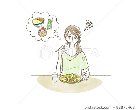 woman eating unsatisfactory food woman eating unsatisfactory food 92873468