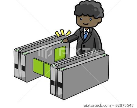 Illustration of a black office worker (male) passing through a ticket gate 92873543