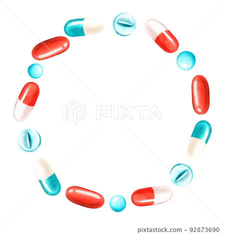 A wreath of pills. Place for text. Watercolor illustration. Isolated on a white background. 92873690