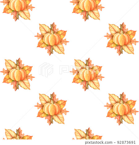 Pumpkin and autumn leaves seamless pattern. Watercolor illustration. Isolated on a white background 92873691