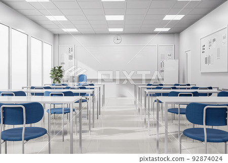 Minimal style modern white classroom with blue chairs 3d render 92874024