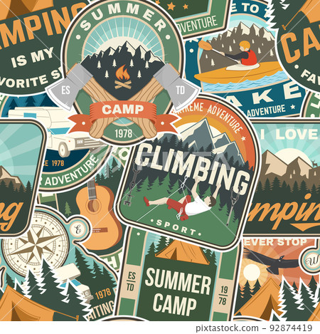 Summer camp colorful seamless pattern with... - Stock Illustration ...