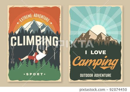 Set of camping poster, banner. Vector. Concept for shirt or logo, print, stamp or tee. Vintage typography design with climber, carabiners, climbing cams, hexes and mountain silhouette. Extreme 92874450