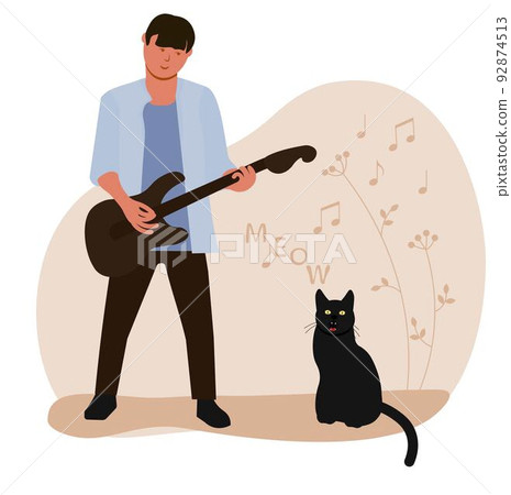 A musician learns to play the guitar at home. The pet is talented at singing. A guitarist with a cat. Vector stock illustration. Isolated on a white background. 92874513