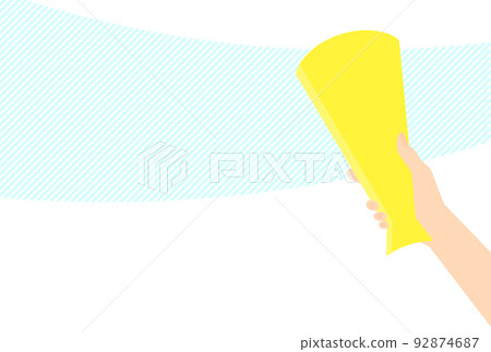 一個女人的手拿著一個黃色擴音器和淺藍色斜條紋背景-體育節、支持和銷售的材料 92874687