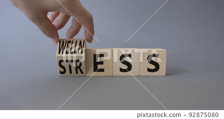 Wellness and Stress symbol. Busnessman hand. Turned Wooden cubes with word Wellness and Stress. Beautiful grey background. Business and Wellness and Stress concept. Copy space. 92875080