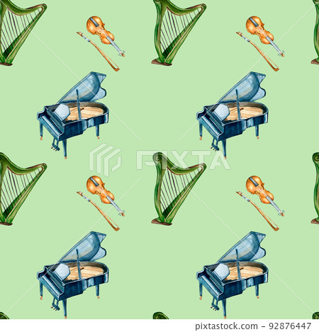 Piano, violin and harp watercolor seamless pattern on green. Piano, violin and harp watercolor seamless pattern on green. 92876447