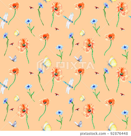 Summer floral field with dragonfly and butterfly watercolor seamless pattern on coral. 92876448
