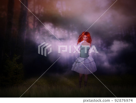 Redhead girl in foggy forest Redhead girl in foggy forest 92876974
