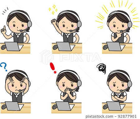 Female office worker receptionist computer work study smile troubled face upper body Female office worker receptionist computer work study smile troubled face upper body 92877901