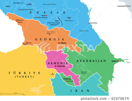 The Caucasus, Caucasia, colored political map. Region between the Black Sea and the Caspian Sea, mainly occupied by Armenia, Azerbaijan, Georgia, and parts of Southern Russia. Map with disputed areas. The Caucasus, Caucasia, colored political map. Region between the Black Sea and the Caspian Sea, mainly occupied by Armenia, Azerbaijan, Georgia, and parts of Southern Russia. Map with disputed areas. 92878674