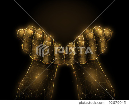 Open hands palms raised up, hand gesture abstract vector illustration on a dark background. Hands holding or giving something. Pray or begging concept artwork. Open hands palms raised up, hand gesture abstract vector illustration on a dark background. Hands holding or giving something. Pray or begging concept artwork. 92879045