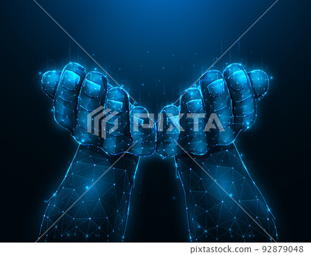 Open hands palms raised up, hand gesture polygonal vector illustration on a dark blue background. Hands holding or giving something. Pray or begging concept artwork. Open hands palms raised up, hand gesture polygonal vector illustration on a dark blue background. Hands holding or giving something. Pray or begging concept artwork. 92879048
