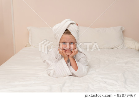 Elbows copyspace smile coffee bathrobe Creek bed girl portrait bathroom, concept woman dressing in skin for caucasian gown, towel background. Hair kid wellness, 92879467
