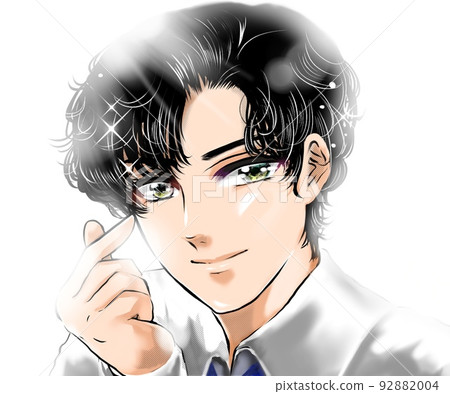 韓國偶像的特寫肖像畫,黑髮燙髮,燈光照亮,手指心擺姿勢 韓國偶像的特寫肖像畫,黑髮燙髮,燈光照亮,手指心擺姿勢 92882004