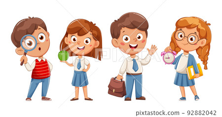 Cute schoolboy and schoolgirl, set of four poses 92882042