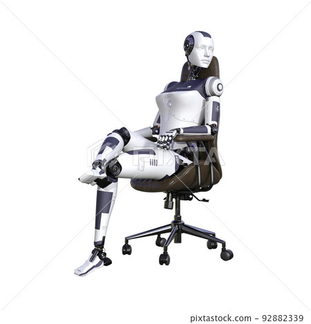 Robot woman sitting on an office chair, isolated on white background. Artificial intelligence concept, future of new office technology. 3d rendering-illustration. Robot woman sitting on an office chair, isolated on white background. Artificial intelligence concept, future of new office technology. 3d rendering-illustration. 92882339