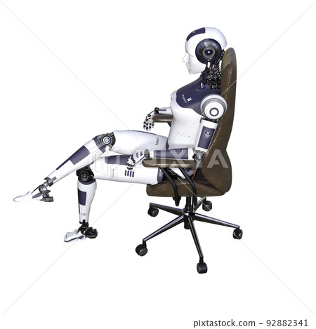 Robot woman sitting on an office chair, isolated on white background. Artificial intelligence concept, future of new office technology. 3d rendering-illustration. Robot woman sitting on an office chair, isolated on white background. Artificial intelligence concept, future of new office technology. 3d rendering-illustration. 92882341