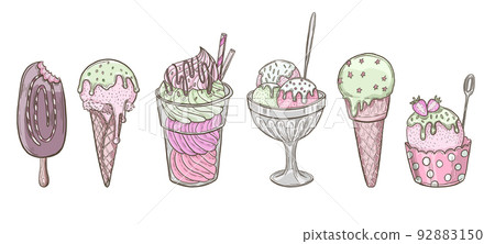 Hand drawn illustrations set of ice creams. Hand drawn sketch. Ice cream drawing doodle collection 92883150