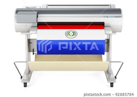 Wide format printer, plotter with Paraguayan flag. 3D rendering Wide format printer, plotter with Paraguayan flag. 3D rendering 92883784