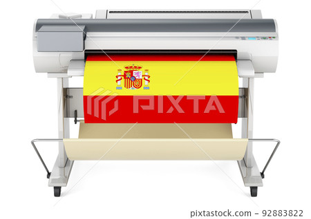 Wide format printer, plotter with Spanish flag. 3D rendering Wide format printer, plotter with Spanish flag. 3D rendering 92883822