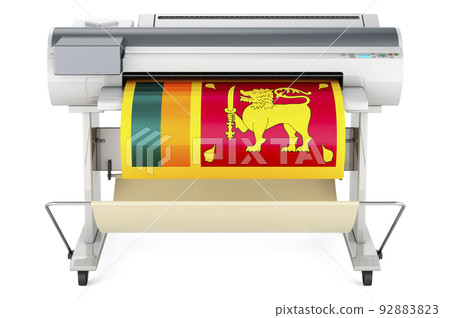 Wide format printer, plotter with Sri Lankan flag. 3D rendering Wide format printer, plotter with Sri Lankan flag. 3D rendering 92883823