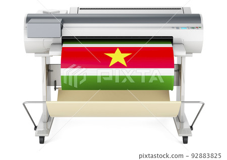 Wide format printer, plotter with Surinamese flag. 3D rendering Wide format printer, plotter with Surinamese flag. 3D rendering 92883825