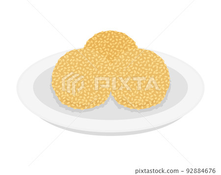 Illustration of sesame dumplings served on a plate 92884676