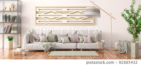 Interior design of modern living room with gray sofa, bookshelf with books, 3d renderin Interior design of modern living room with gray sofa, bookshelf with books, 3d renderin 92885432