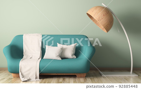 Interior design of modern living room with sofa, pillow and white plaid, 3d rendering Interior design of modern living room with sofa, pillow and white plaid, 3d rendering 92885448