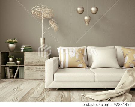 Interior design of modern living room with sofa and pastel plaid 3d rendering Interior design of modern living room with sofa and pastel plaid 3d rendering 92885453