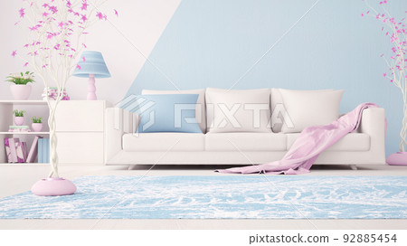 Interior design of a modern living room in blue, with a white sofa and a pink plaid, 3d rendering 92885454