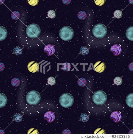Space kids seamless pattern with planets and stars on a dark blue background. Space kids seamless pattern with planets and stars on a dark blue background. 92885556