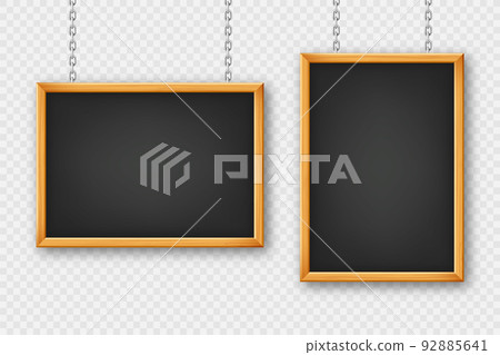 Signboards in a wooden frame hanging on a metal chain. Restaurant menu board. School chalkboard, writing surface for text or drawing. Blank advertising or presentation boards. Vector illustration Signboards in a wooden frame hanging on a metal chain. Restaurant menu board. School chalkboard, writing surface for text or drawing. Blank advertising or presentation boards. Vector illustration 92885641