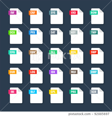 Common system file formats. Document types and extensions. Flat style icons collection. Document pictogram, web design UI element, template. Computer program or application icon. Vector illustration 92885697