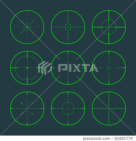 Various sniper rifle night sights, weapon optical scope crosshair. Hunting gun green viewfinder. Shooting mark symbol, aim. Military target sign. Game interface UI element. Vector illustration 92885770