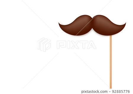 Realistic fake mustache on a wooden stick. Vintage paper mustache for carnival or holiday. Brown facial hair, hipster beard. Vector illustration Realistic fake mustache on a wooden stick. Vintage paper mustache for carnival or holiday. Brown facial hair, hipster beard. Vector illustration 92885776