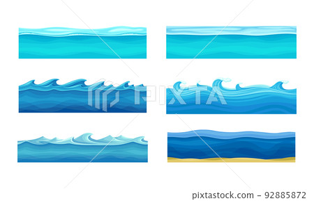 Blue Water Surface with Curved Raising Waves and Ripple Vector Set 92885872