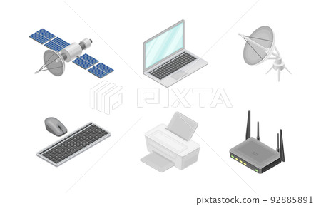 Wireless Network Communication Technology with Router, Laptop and Keyboard Isometric Vector Set 92885891